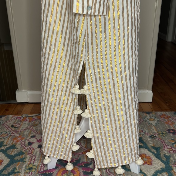 FIGUE Paolina Metallic Stripe Tassel-Trimmed Cotton Blend Caftan Dress One Size - Picture 8 of 11